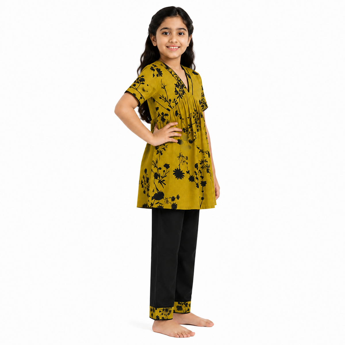 Urban Jipsy Girls Mustard Floral Printed Tunic Top with Black Pants Stylish 2 Piece Set