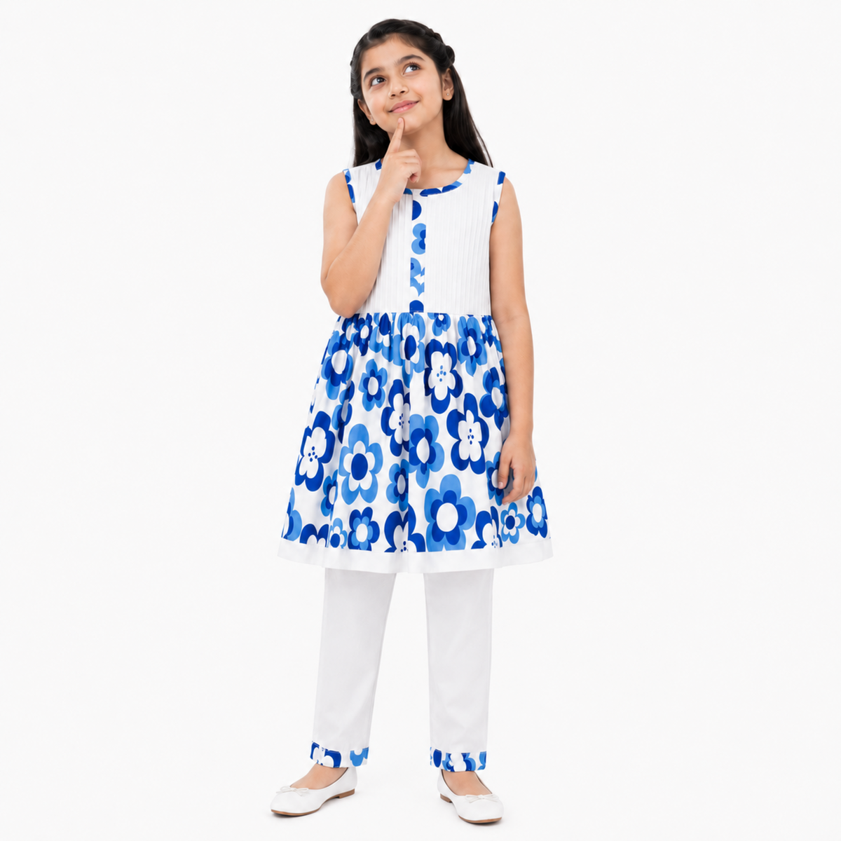 Urban Jipsy Girls Blue & White Floral Printed Tunic Top with Pant Ethnic Co-ord Set
