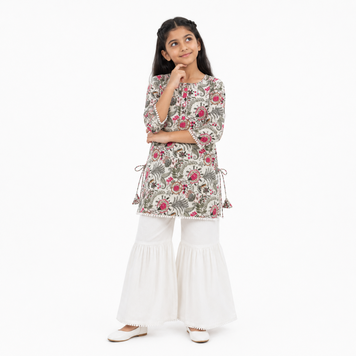 Urban Jipsy Girls Floral Printed Kurti with White Sharara Festive Ethnic Wear Set