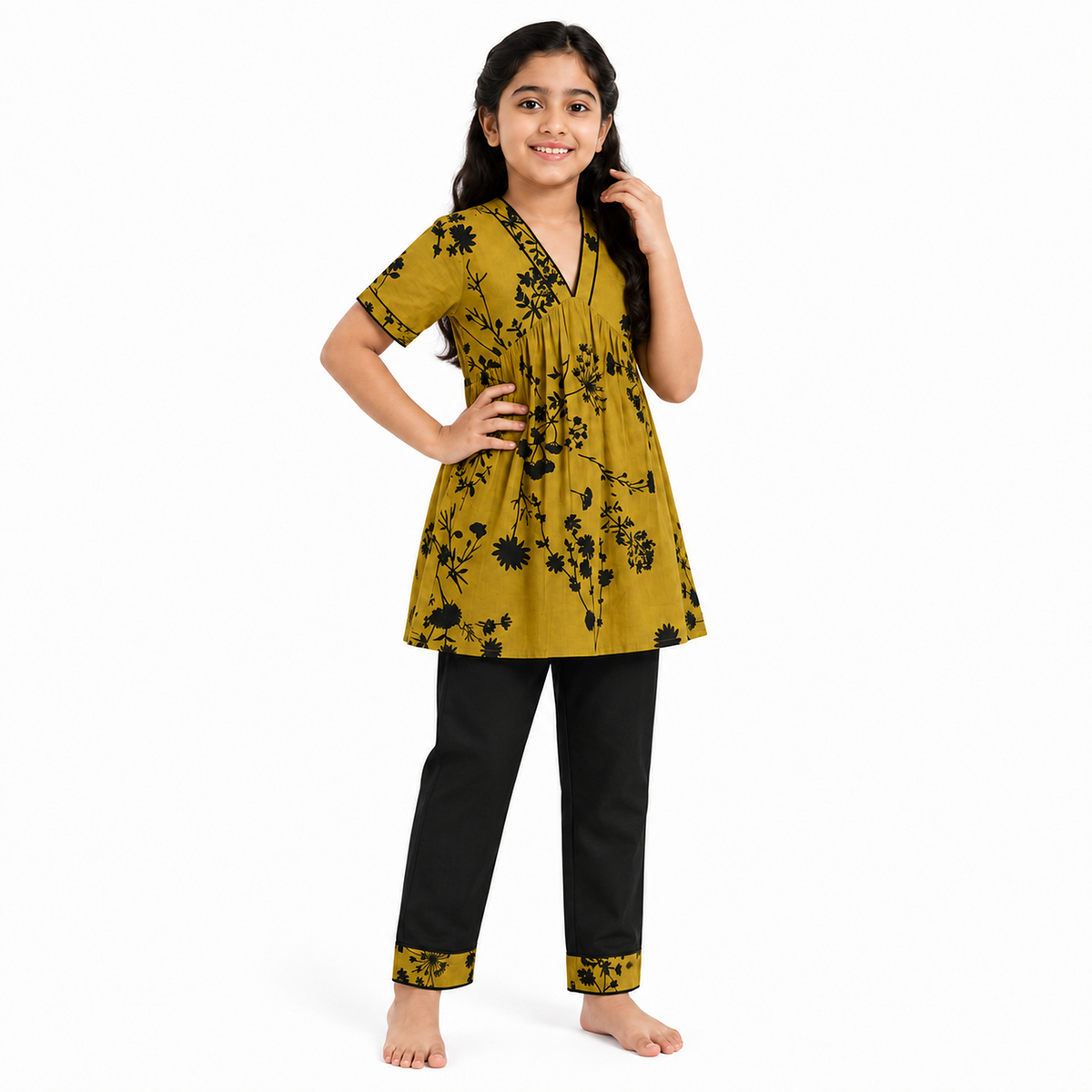 Urban Jipsy Girls Mustard Floral Printed Tunic Top with Black Pants Stylish 2 Piece Set