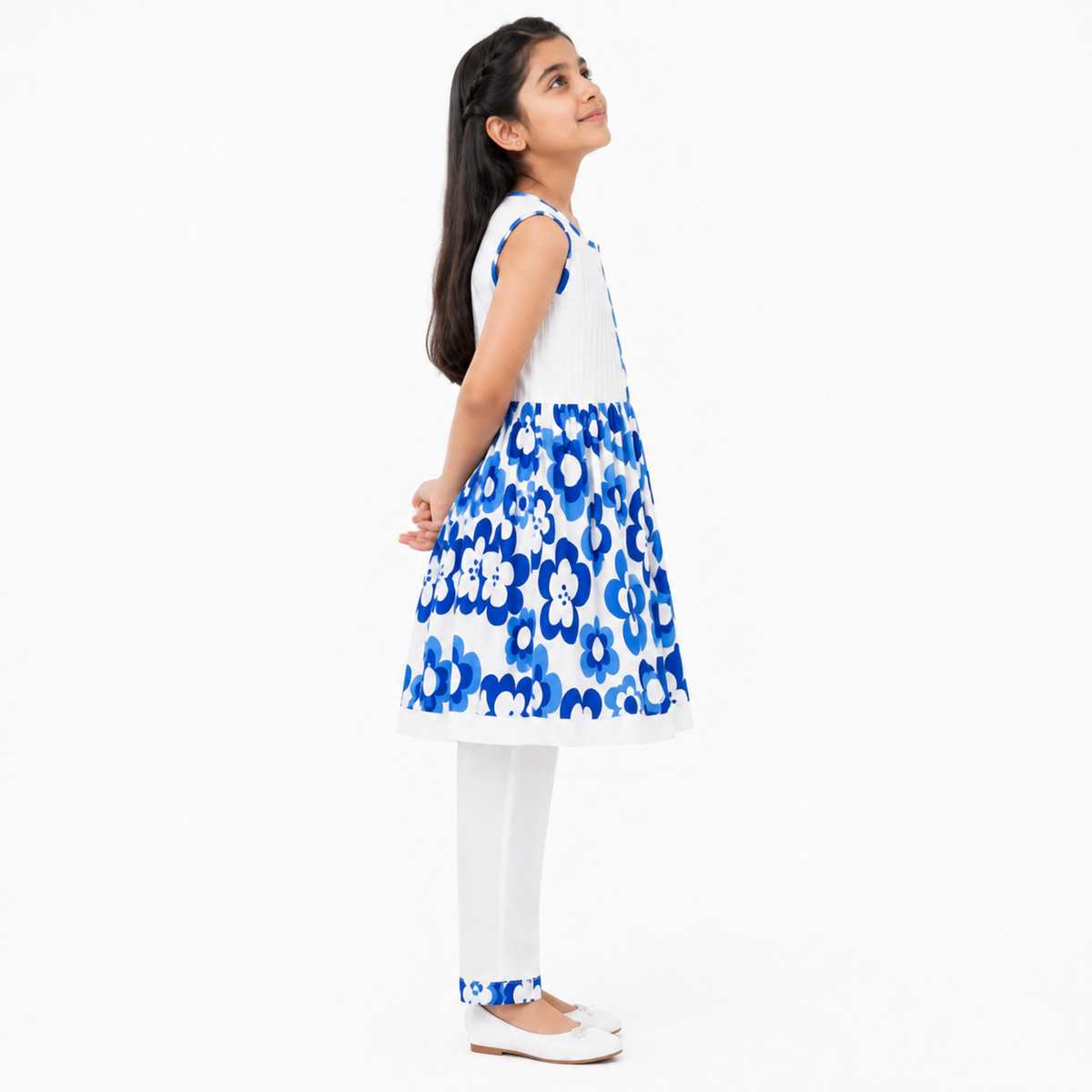 Urban Jipsy Girls Blue & White Floral Printed Tunic Top with Pant Ethnic Co-ord Set