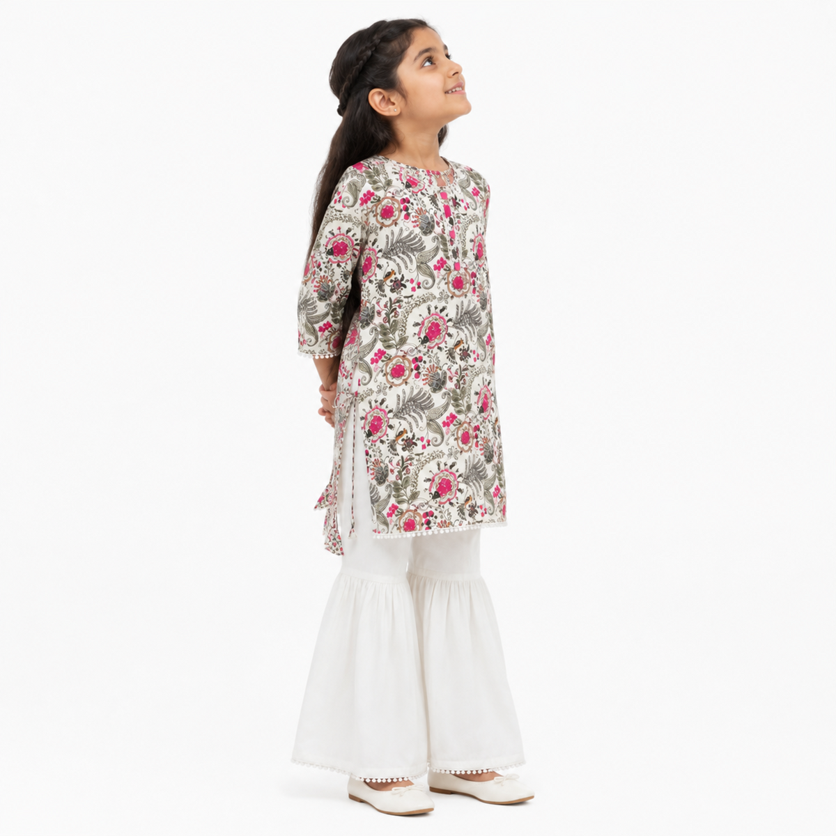 Urban Jipsy Girls Floral Printed Kurti with White Sharara Festive Ethnic Wear Set