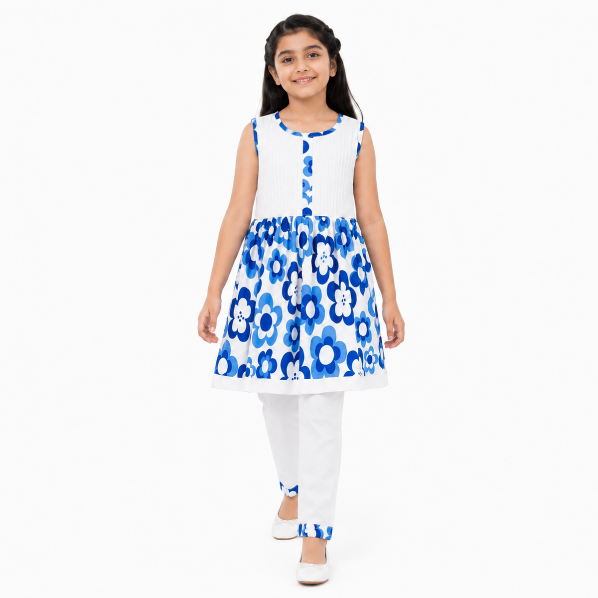 Urban Jipsy Girls Blue & White Floral Printed Tunic Top with Pant Ethnic Co-ord Set