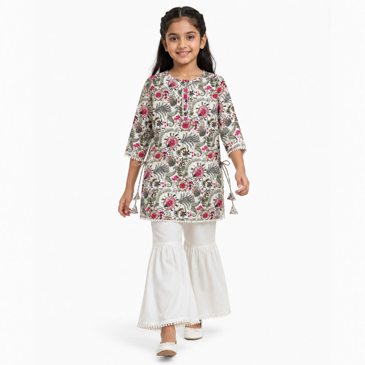 Urban Jipsy Girls Floral Printed Kurti with White Sharara Festive Ethnic Wear Set