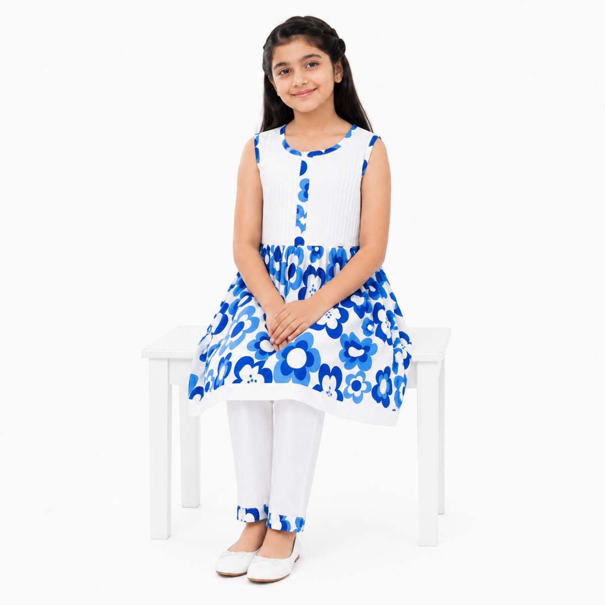 Urban Jipsy Girls Blue & White Floral Printed Tunic Top with Pant Ethnic Co-ord Set