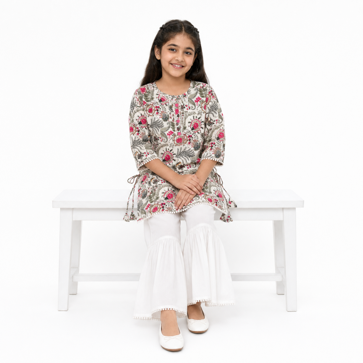 Urban Jipsy Girls Floral Printed Kurti with White Sharara Festive Ethnic Wear Set