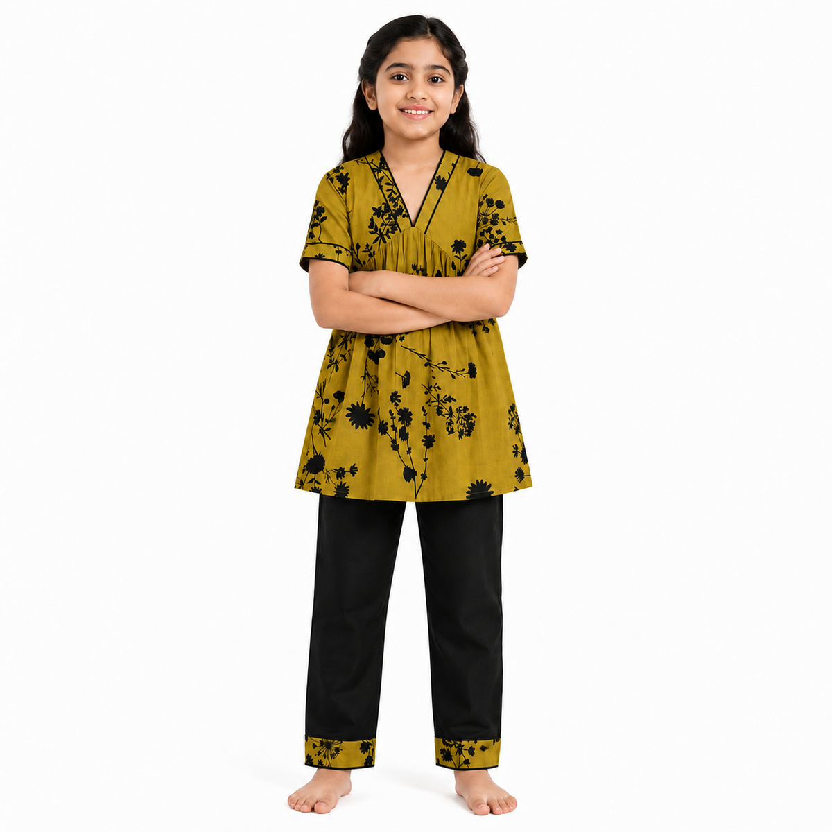 Urban Jipsy Girls Mustard Floral Printed Tunic Top with Black Pants Stylish 2 Piece Set