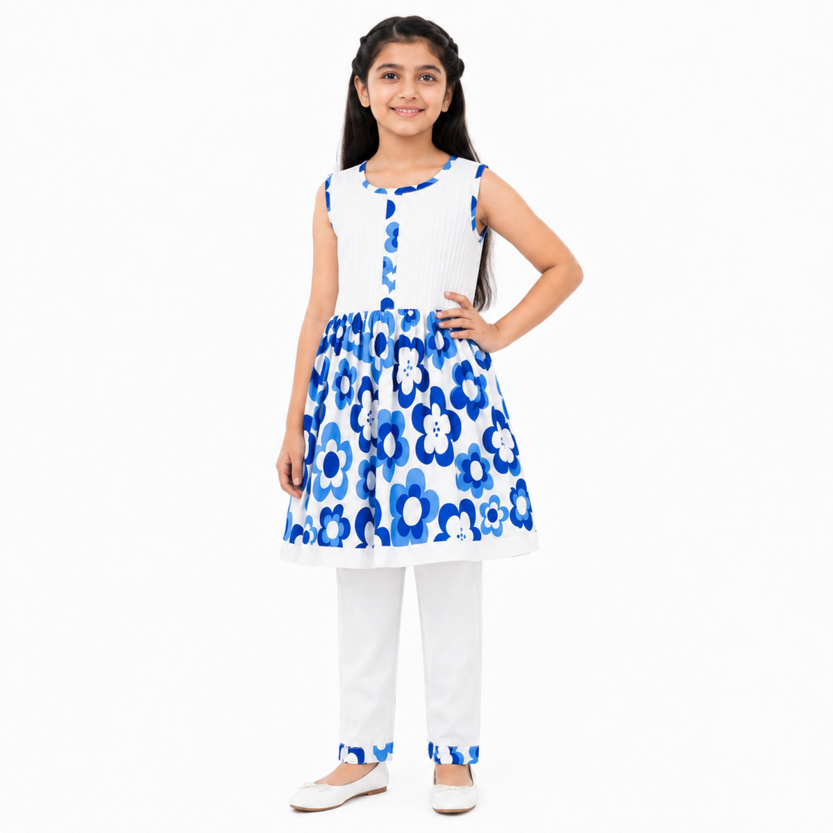 Urban Jipsy Girls Blue & White Floral Printed Tunic Top with Pant Ethnic Co-ord Set