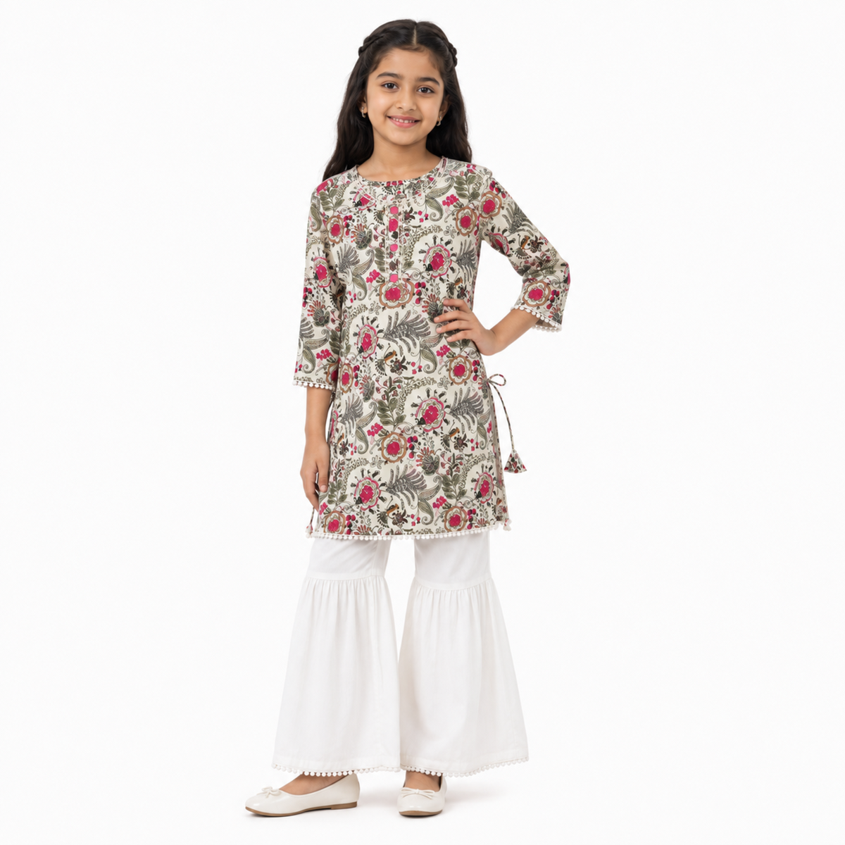 Urban Jipsy Girls Floral Printed Kurti with White Sharara Festive Ethnic Wear Set