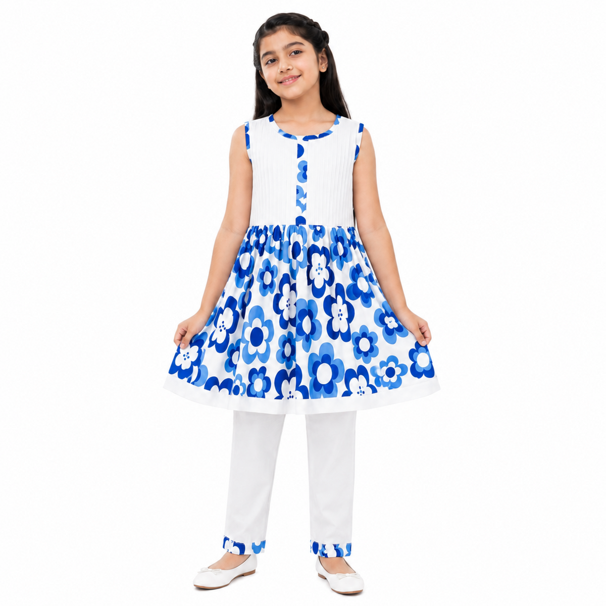 Urban Jipsy Girls Blue & White Floral Printed Tunic Top with Pant Ethnic Co-ord Set