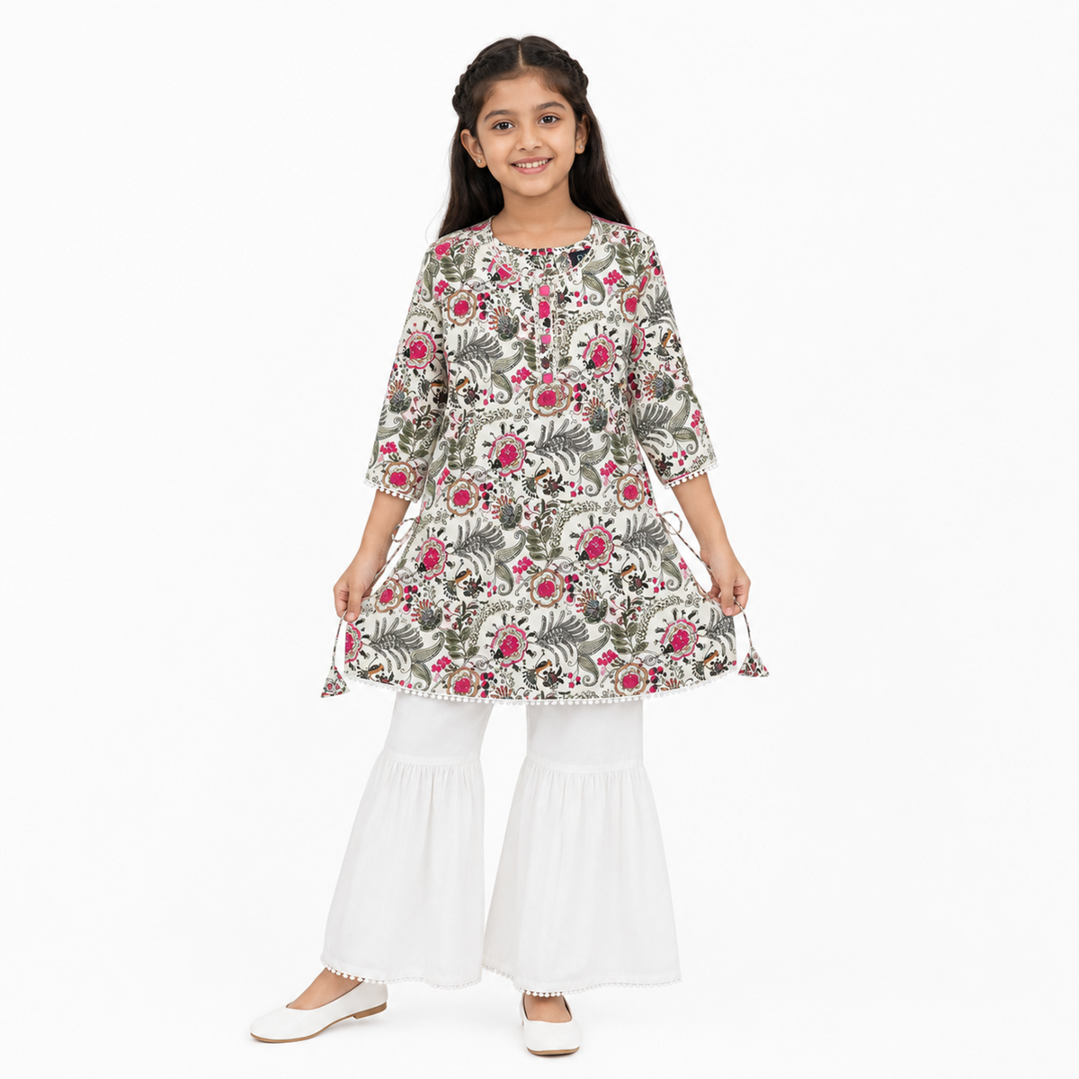 Urban Jipsy Girls Floral Printed Kurti with White Sharara Festive Ethnic Wear Set