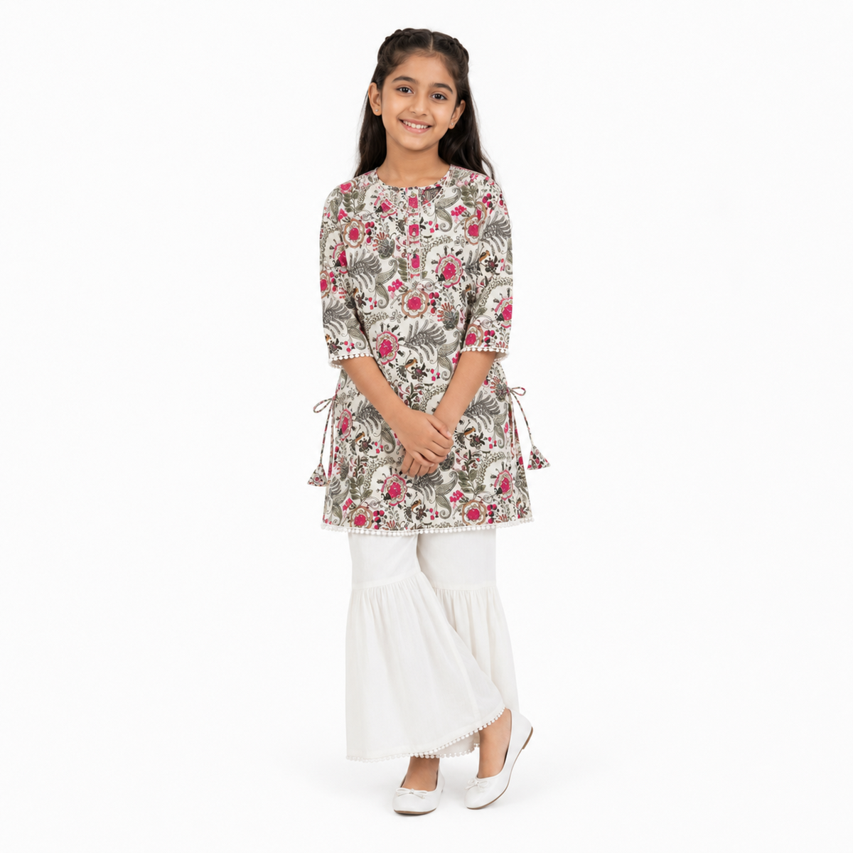 Urban Jipsy Girls Floral Printed Kurti with White Sharara Festive Ethnic Wear Set