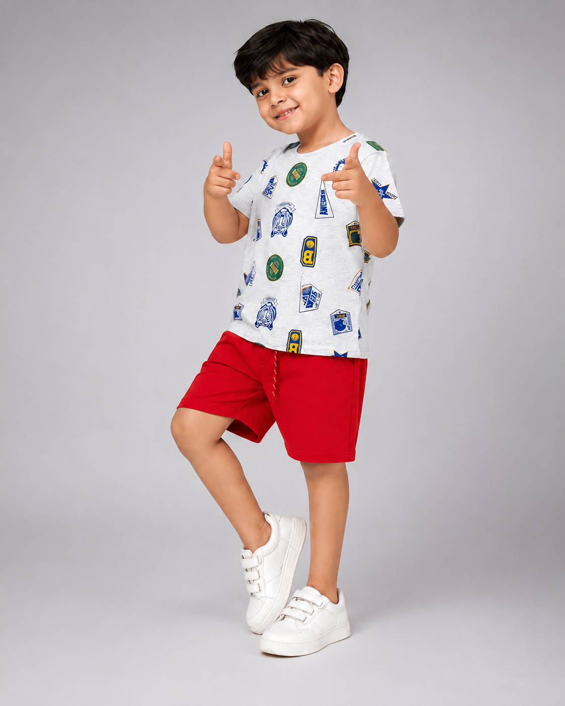 Urban Jipsy Boys Printed Cotton T-Shirt & Shorts Co-Ord Set | Grey & Red Summer Outfit