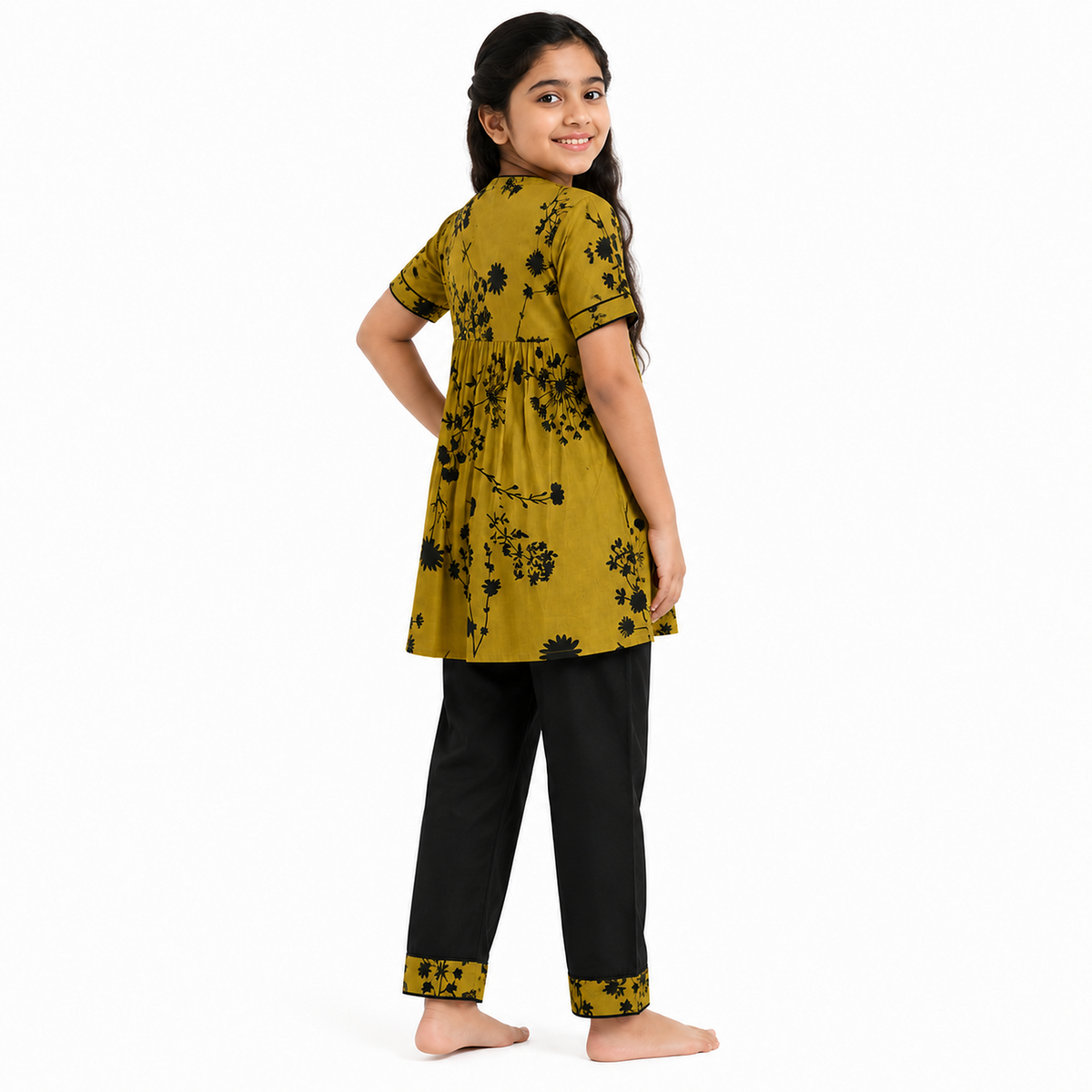 Urban Jipsy Girls Mustard Floral Printed Tunic Top with Black Pants Stylish 2 Piece Set