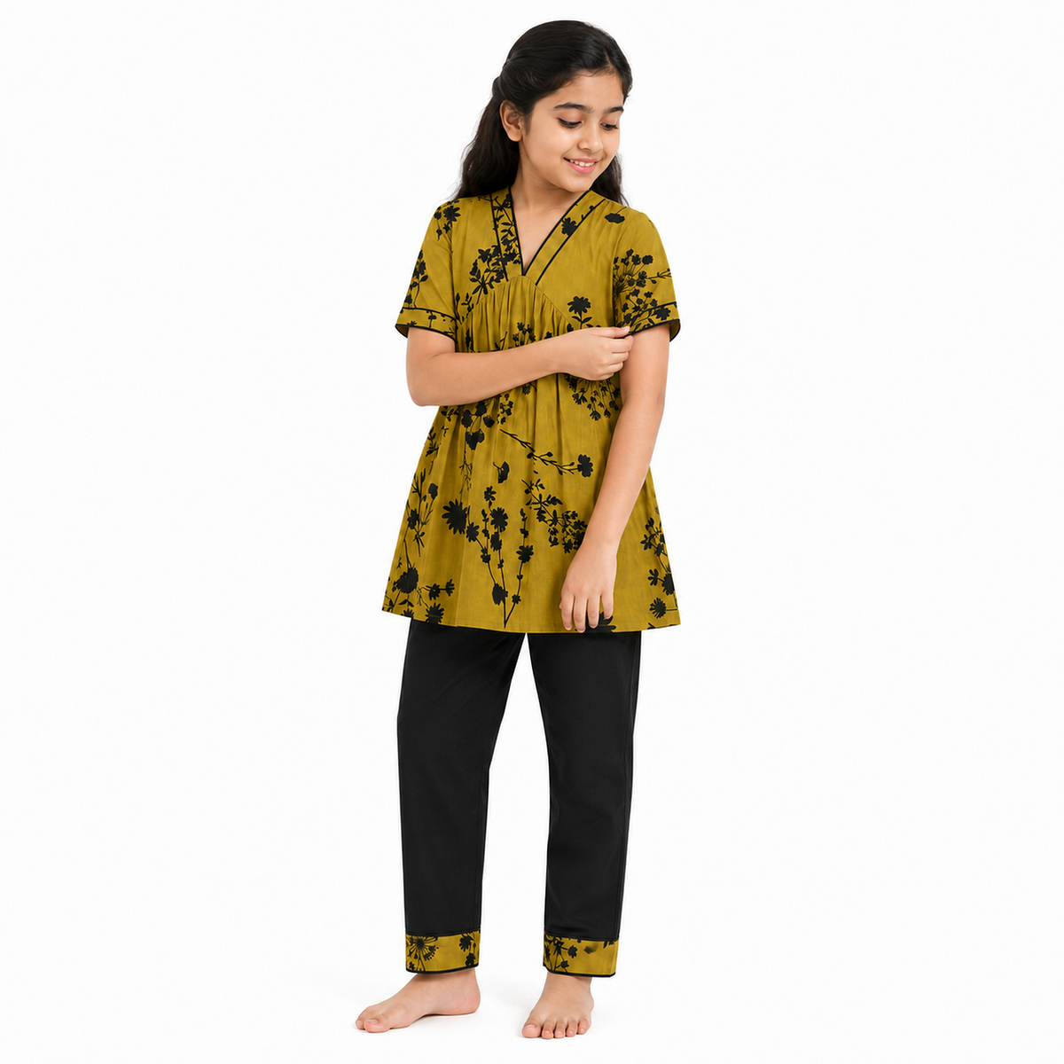 Urban Jipsy Girls Mustard Floral Printed Tunic Top with Black Pants Stylish 2 Piece Set