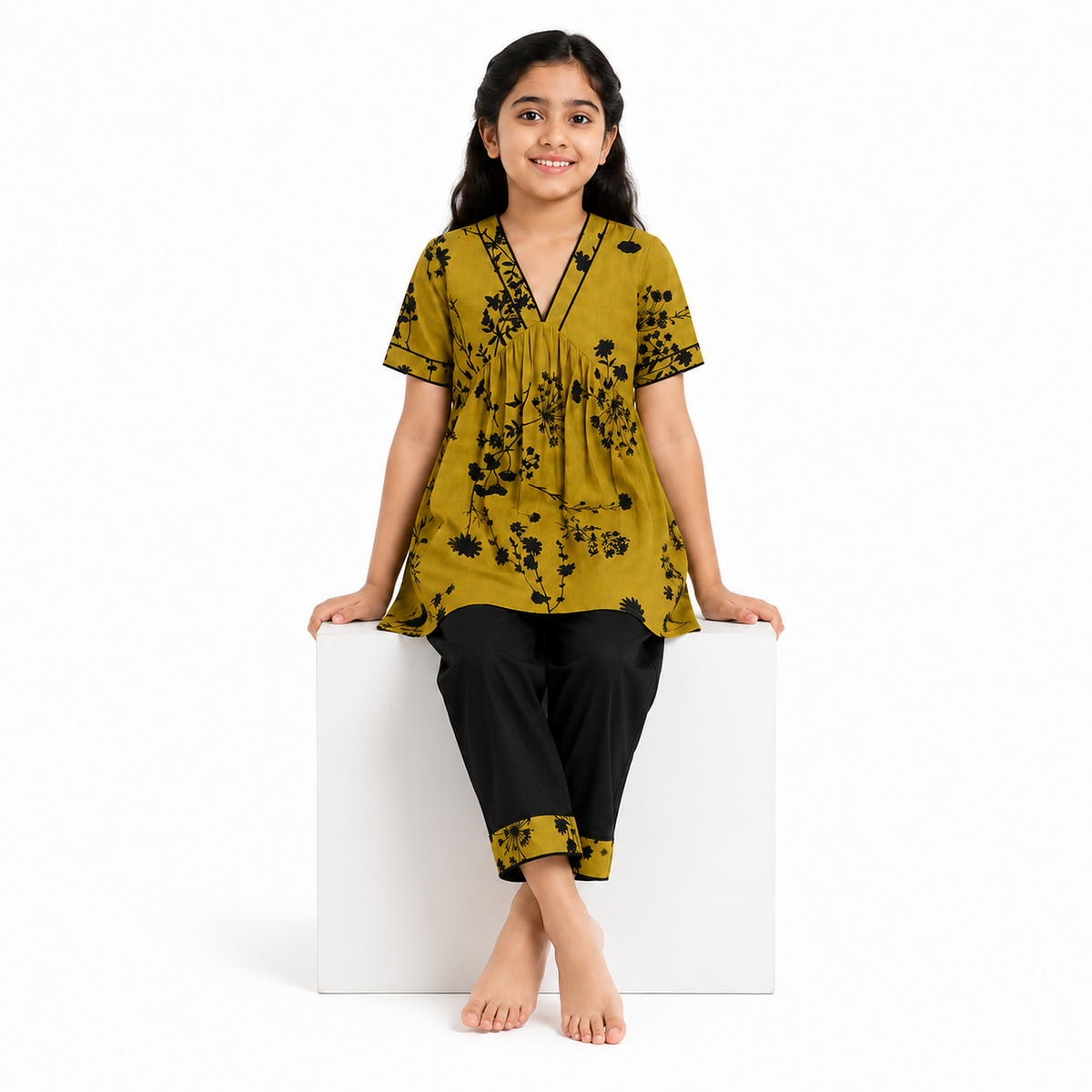 Urban Jipsy Girls Mustard Floral Printed Tunic Top with Black Pants Stylish 2 Piece Set