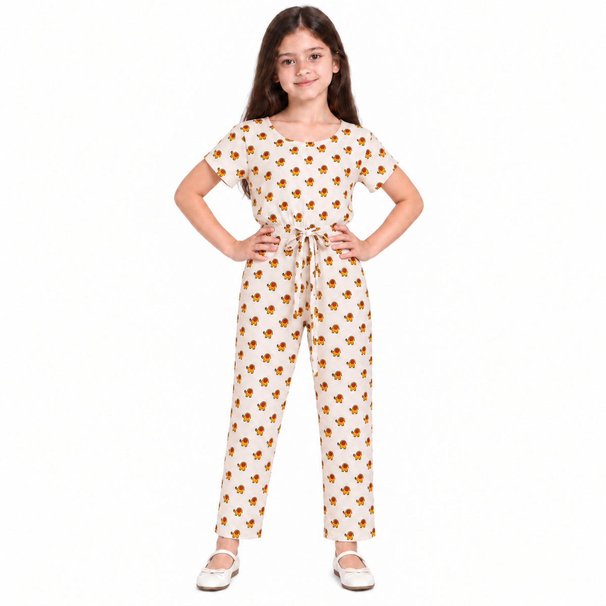 Urban Jipsy Girls Ivory Elephant Print Jumpsuit with Tie Waist & Short Sleeves
