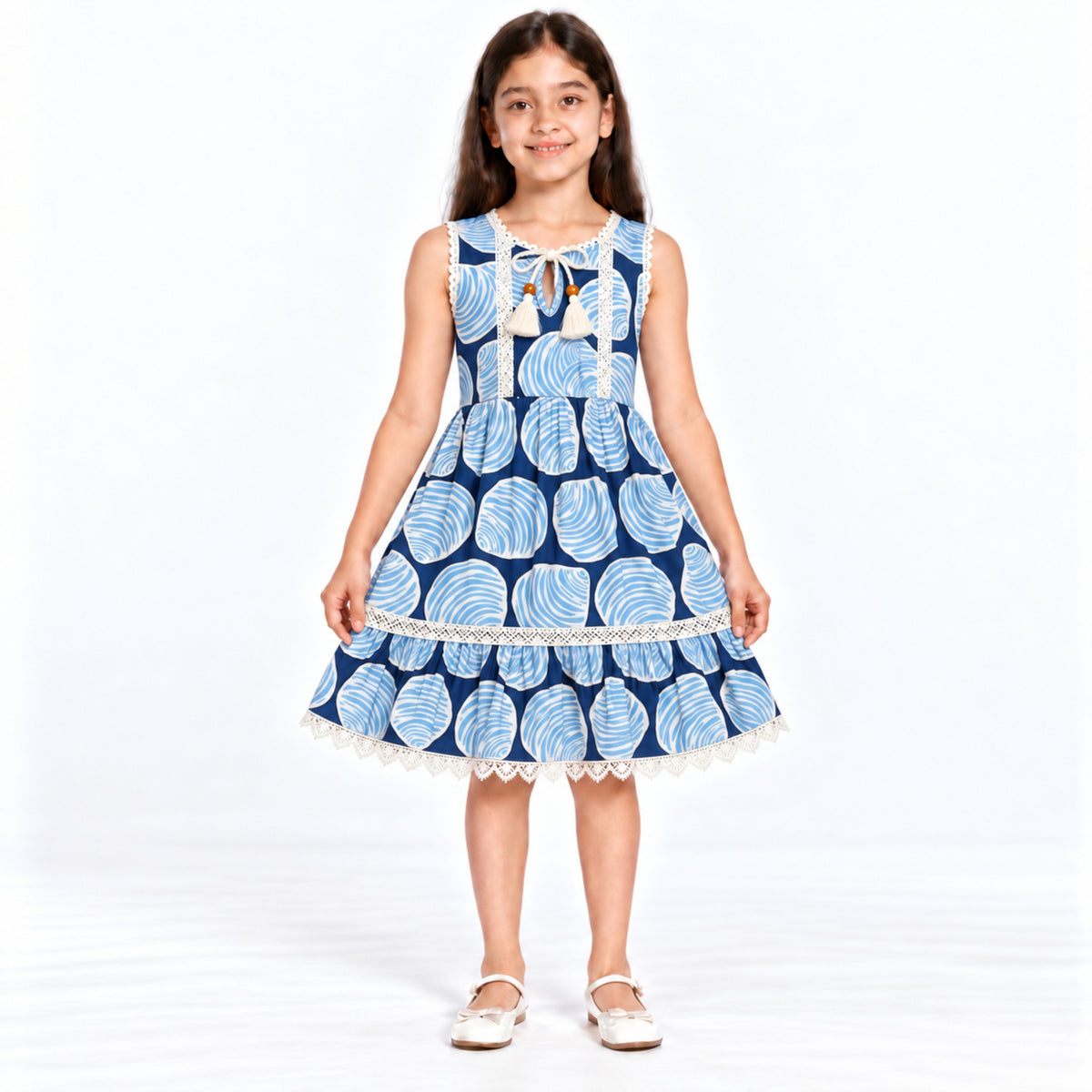 Urban Jipsy Girls Navy Blue Abstract Print Sleeveless Tiered Dress with Tassel Neck