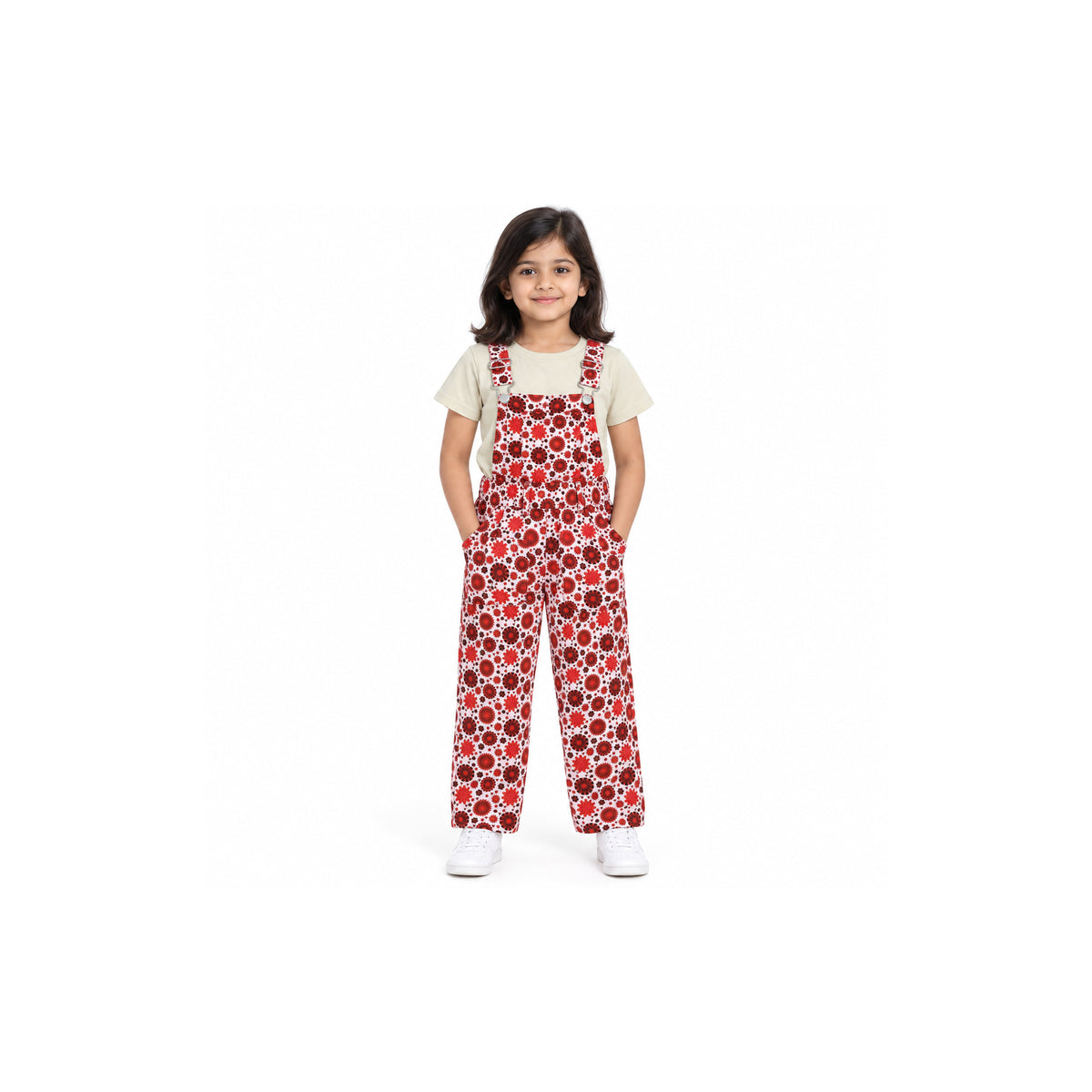 Urban Jipsy Girls Red Floral Printed Dungaree with Adjustable Straps & Front Pockets