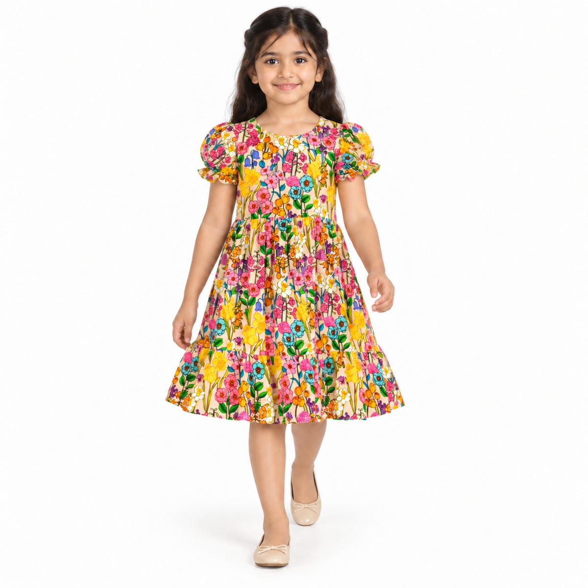 Urban Jipsy Girls Multicolor Floral Printed Puff Sleeve Fit & Flare Party Dress
