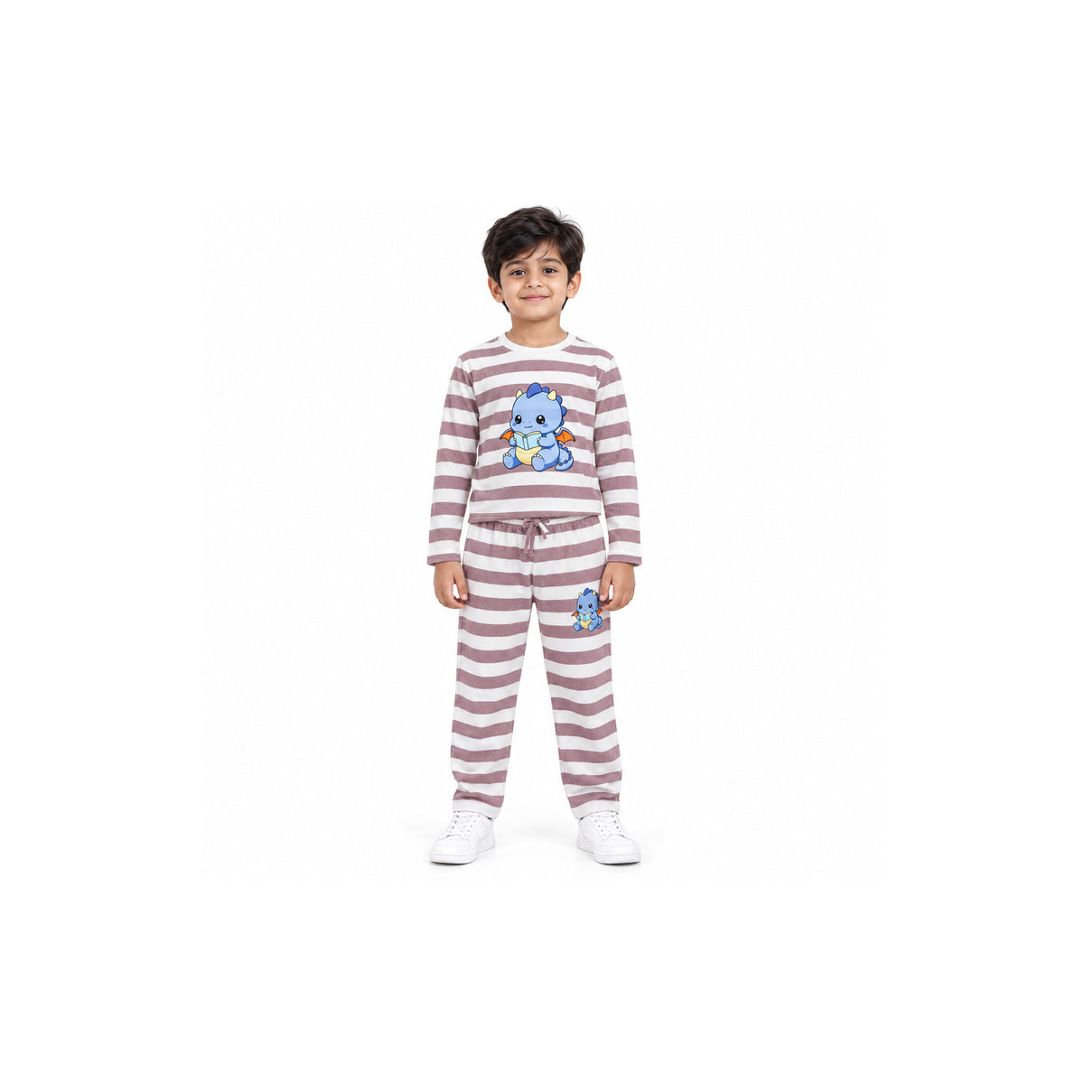 Urban Jipsy Boys Dusty Pink White Striped Cute Dinosaur Print Top & Trouser Set