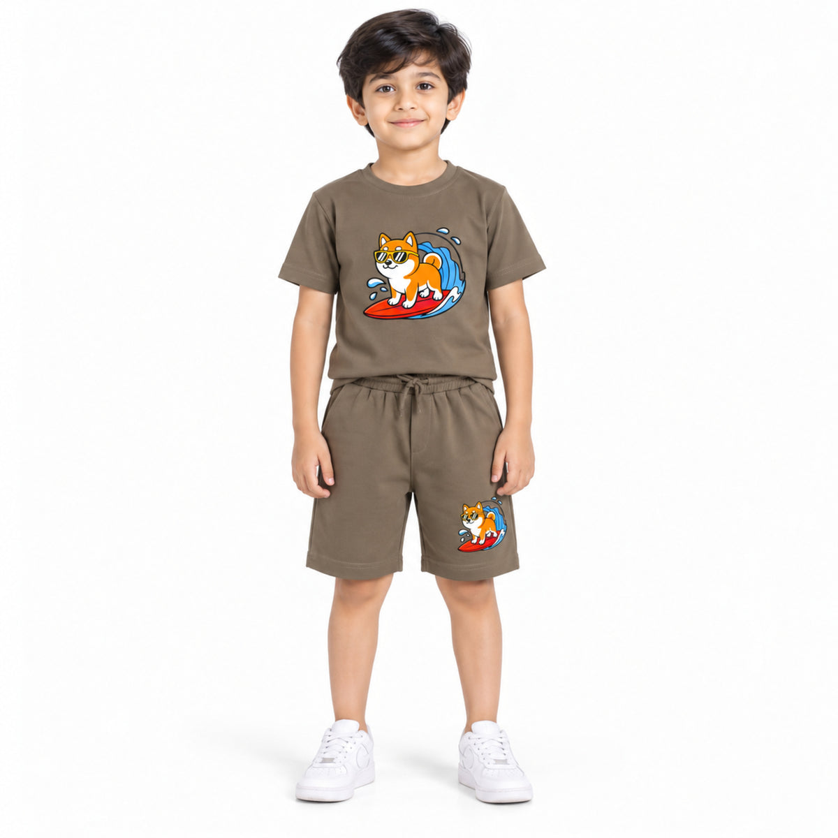 Urban Jipsy Boys Brown Surf Dog Printed Half Sleeve Tee & Drawstring Shorts Set