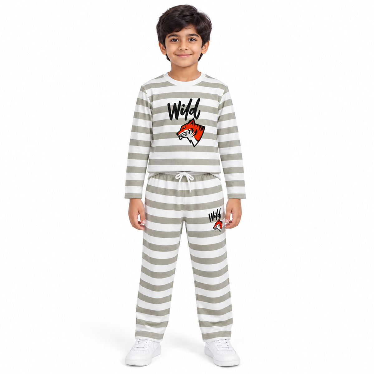 Urban Jipsy Boys Grey White Striped Wild Graphic Full Sleeve Top & Jogger Pant Set