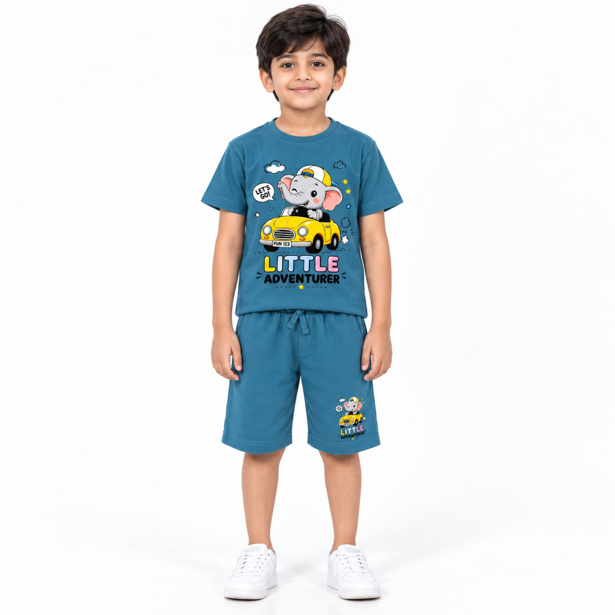 Urban Jipsy Boys Blue Elephant Adventure Printed T-Shirt with Coordinated Shorts