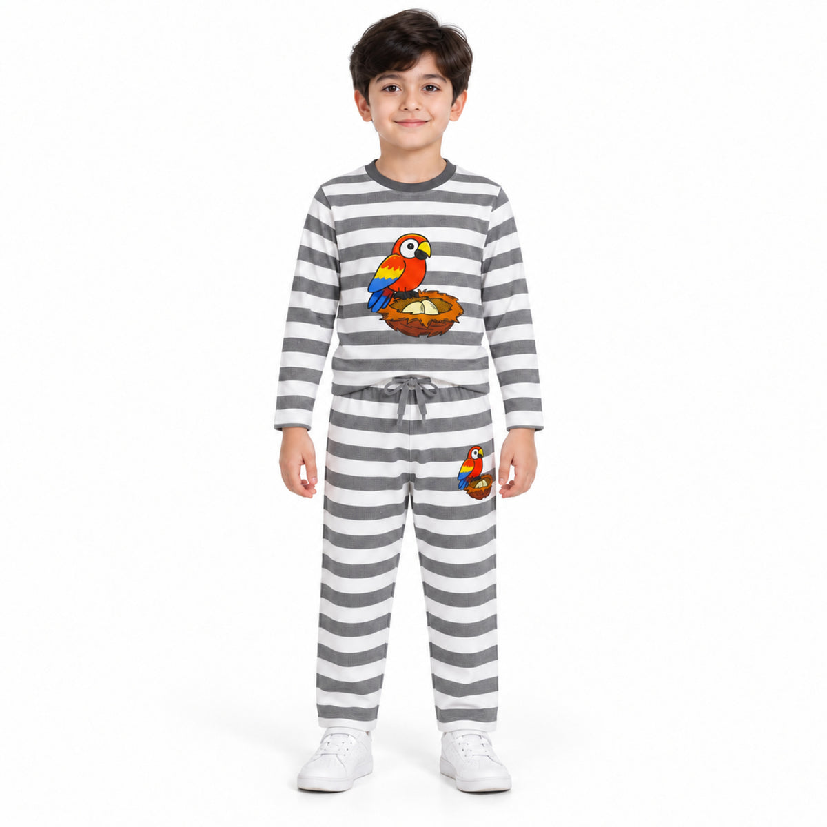 Urban Jipsy Boys Parrot Graphic Grey White Striped Full Sleeve Top & Trouser Set