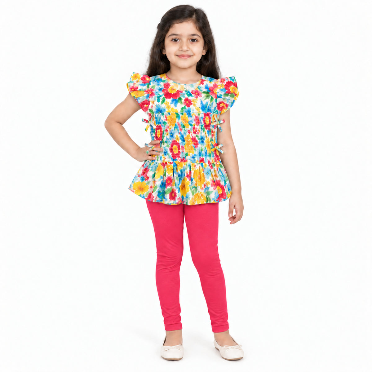 Urban Jipsy Girls Multicolor Floral Printed Smocked Ruffle Top with Flutter Sleeves