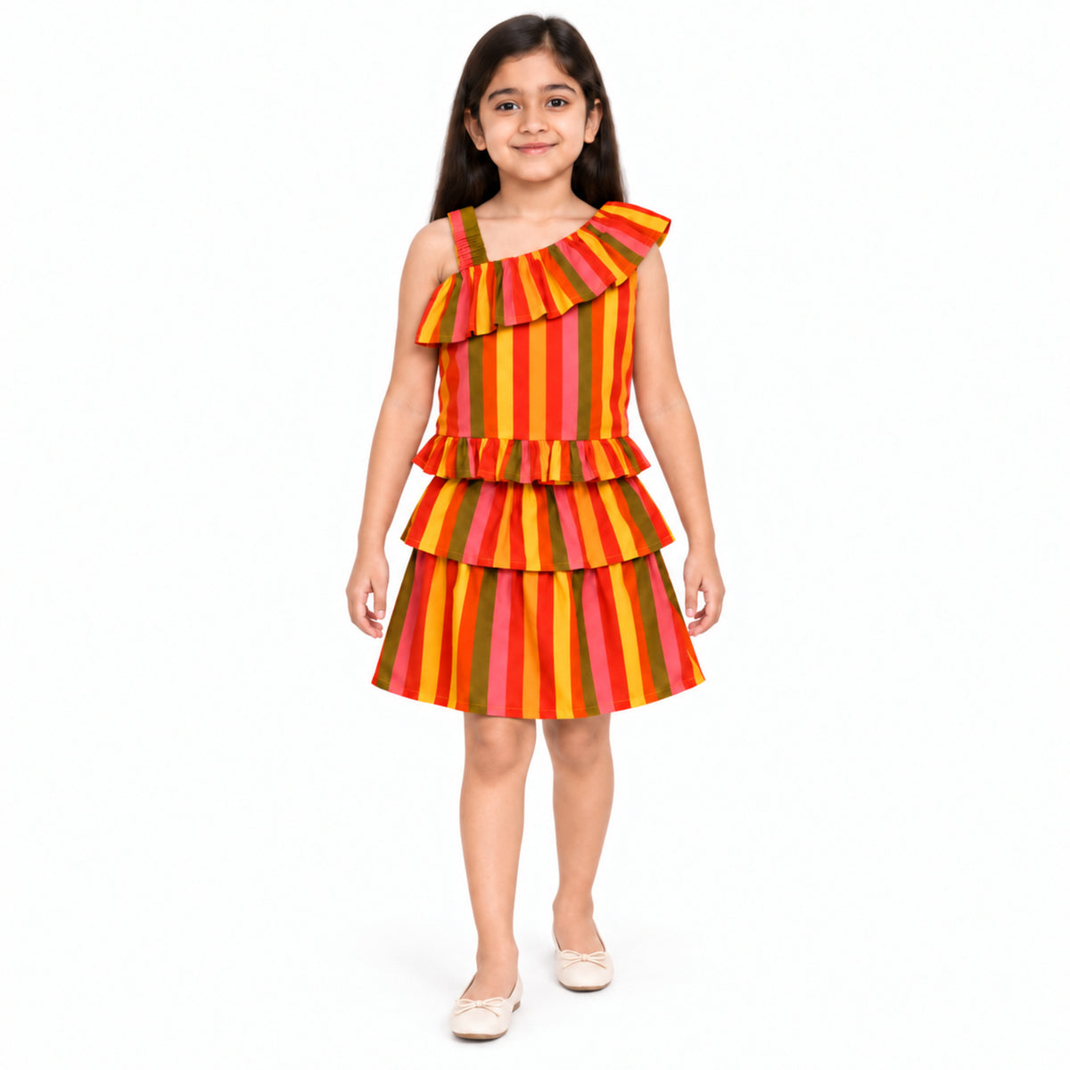 Urban Jipsy Girls Multicolor Striped One Shoulder Ruffle Tiered Party Dress