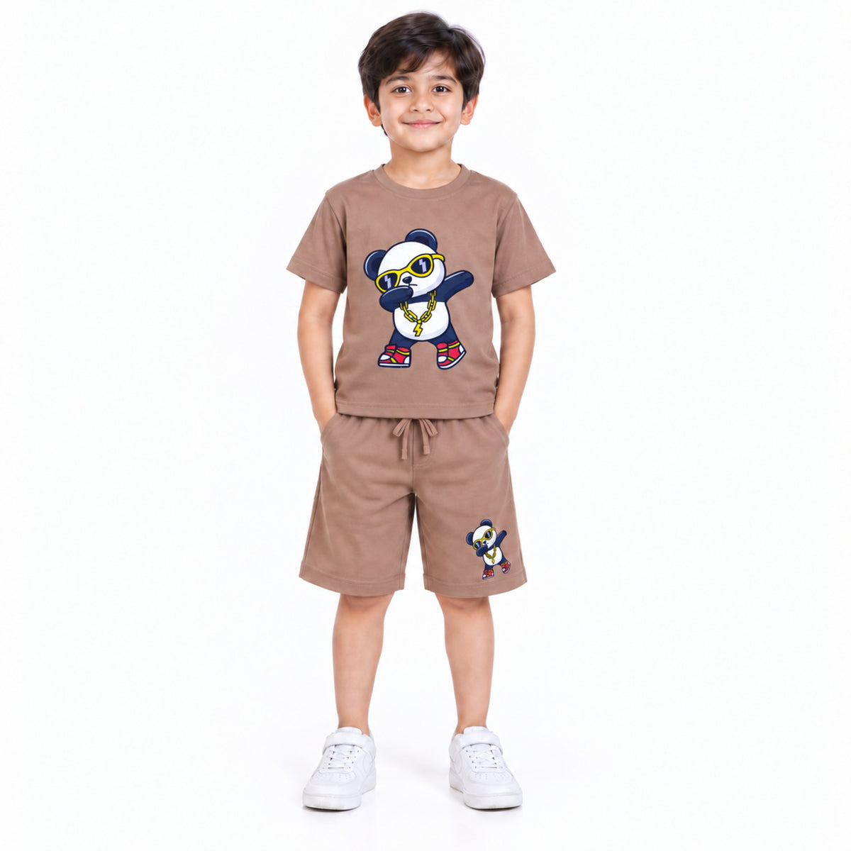 Urban Jipsy Boys Brown Panda Graphic T-Shirt with Matching Shorts Summer Set
