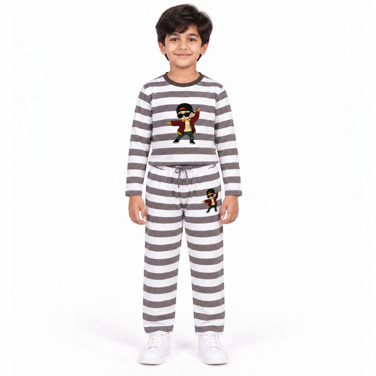 Urban Jipsy Boys Grey Striped Character Print Full Sleeve T-Shirt & Pant Co-ord Set