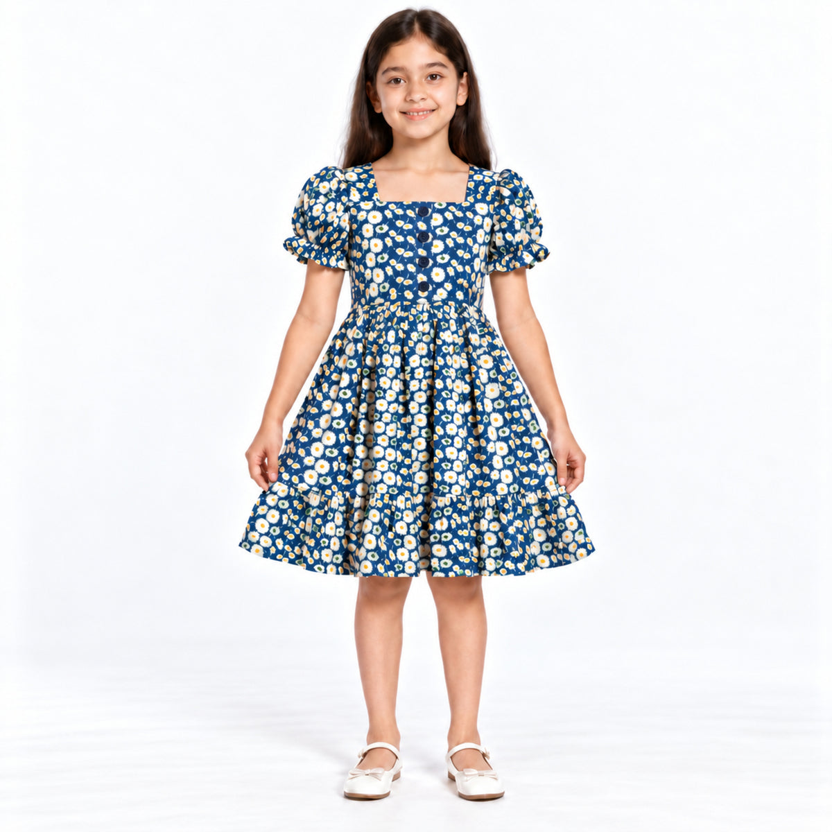 Urban Jipsy Girls Navy Blue Daisy Floral Puff Sleeve Dress with Square Neck & Buttons