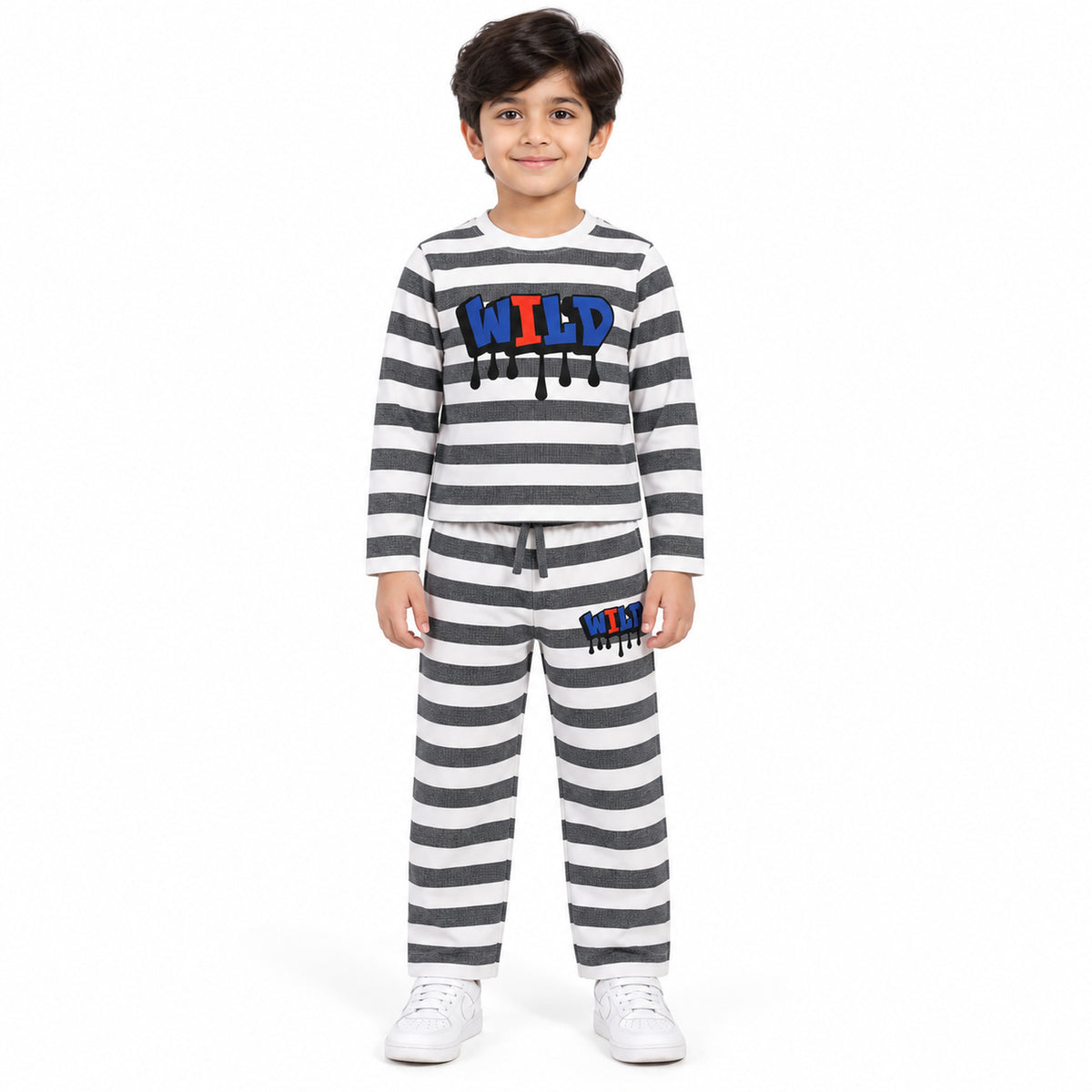 Urban Jipsy Boys Grey Striped Character Print Full Sleeve T-Shirt & Pant Co-ord Set