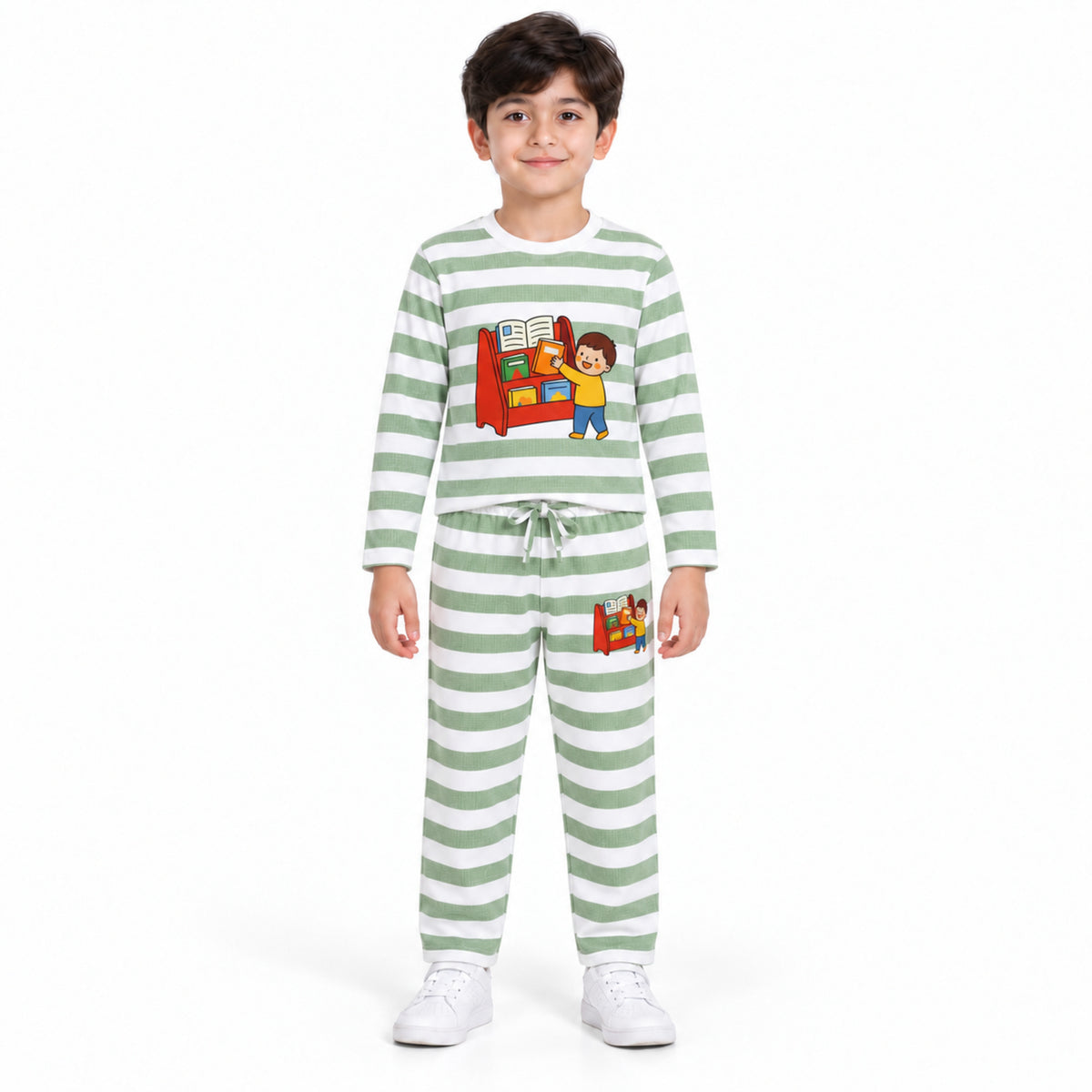 Urban Jipsy Boys Sage Green White Striped Book Graphic Full Sleeve Top & Pant Set