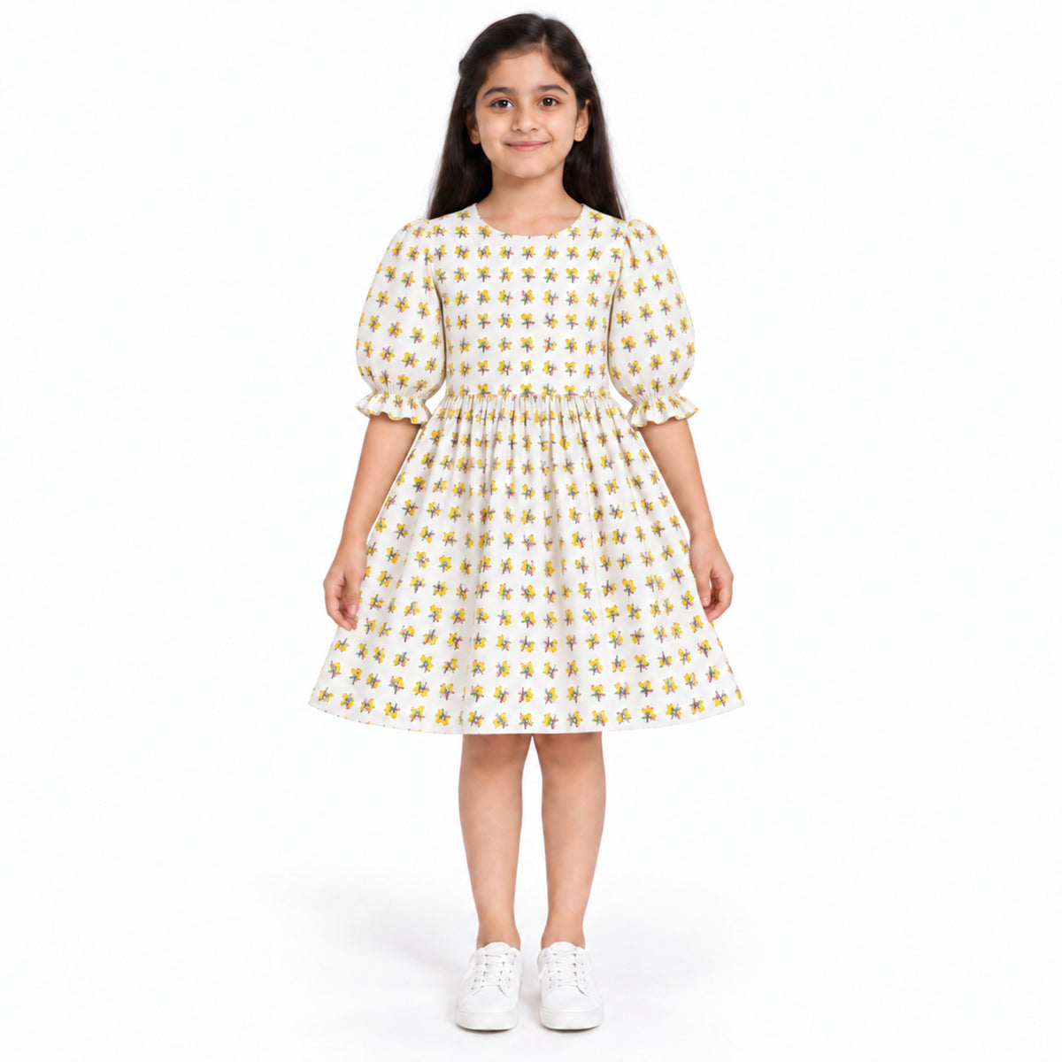 Urban Jipsy Girls White All-Over Printed Puff Sleeve Gathered Waist Casual Dress