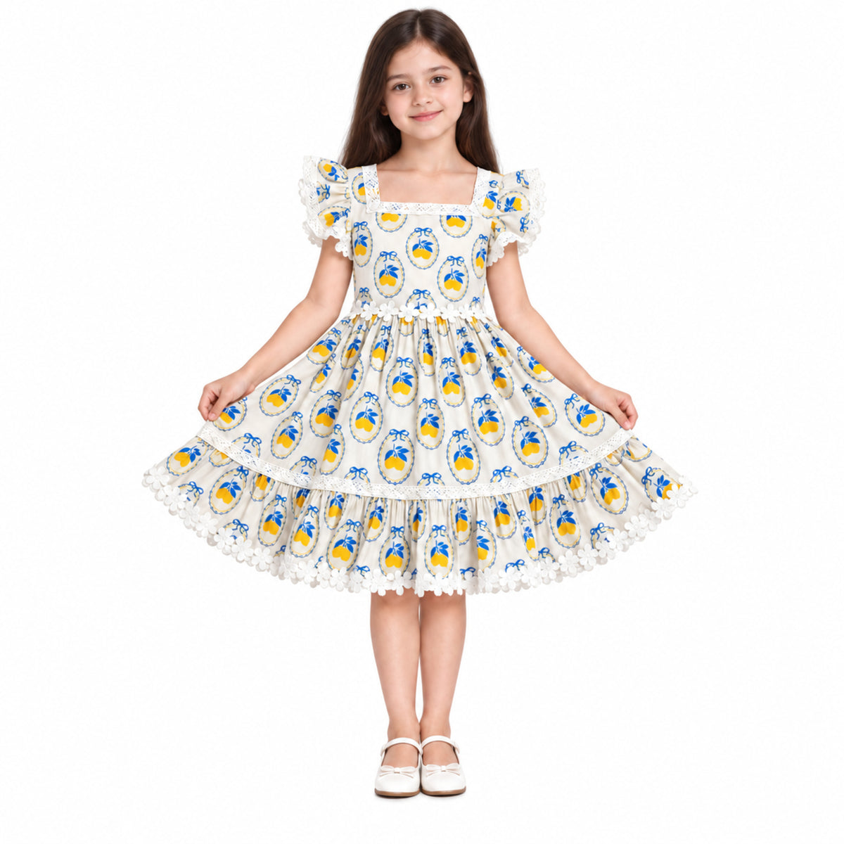 Urban Jipsy Girls White Lemon Print Fit & Flare Dress with Lace & Ruffle Sleeves