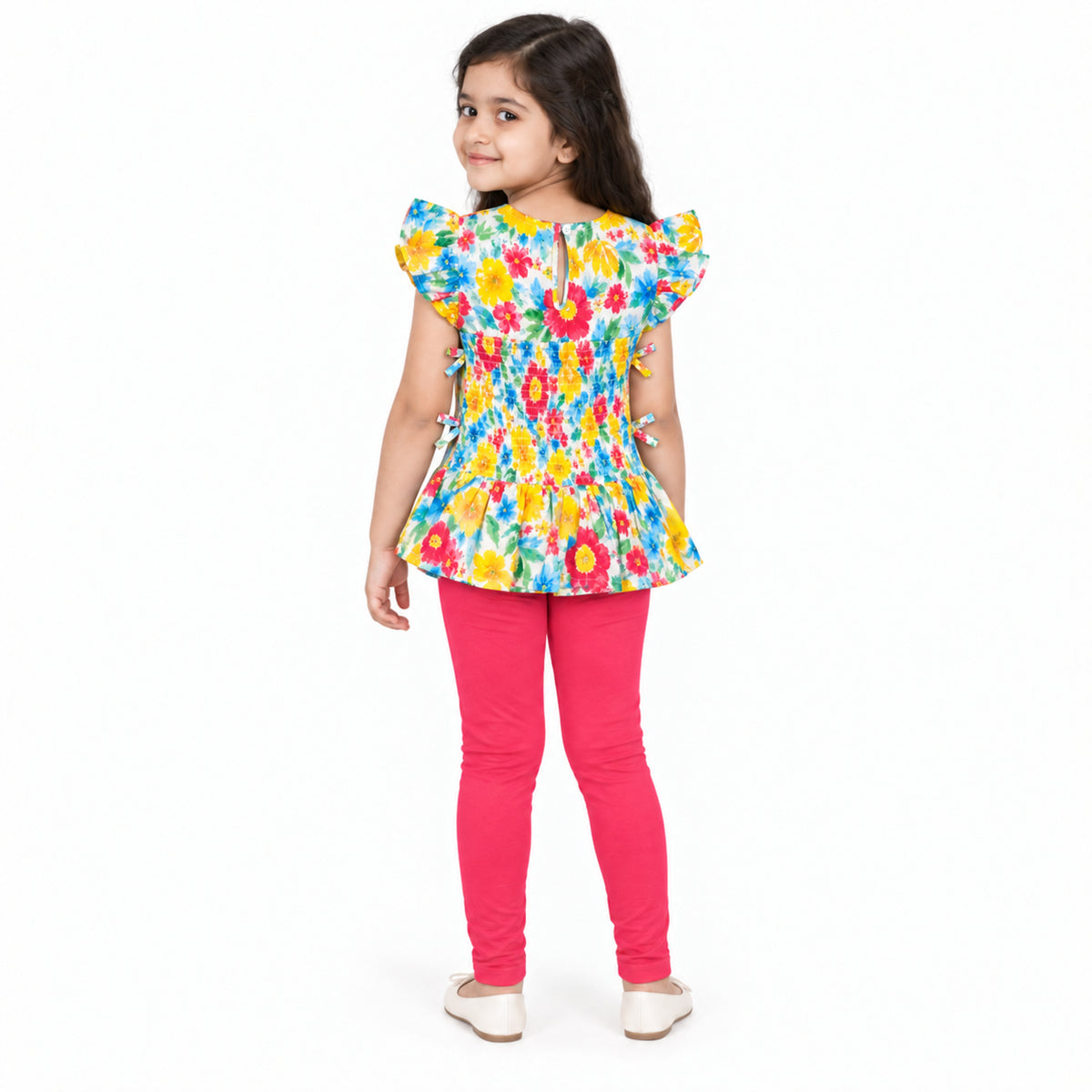 Urban Jipsy Girls Multicolor Floral Printed Smocked Ruffle Top with Flutter Sleeves