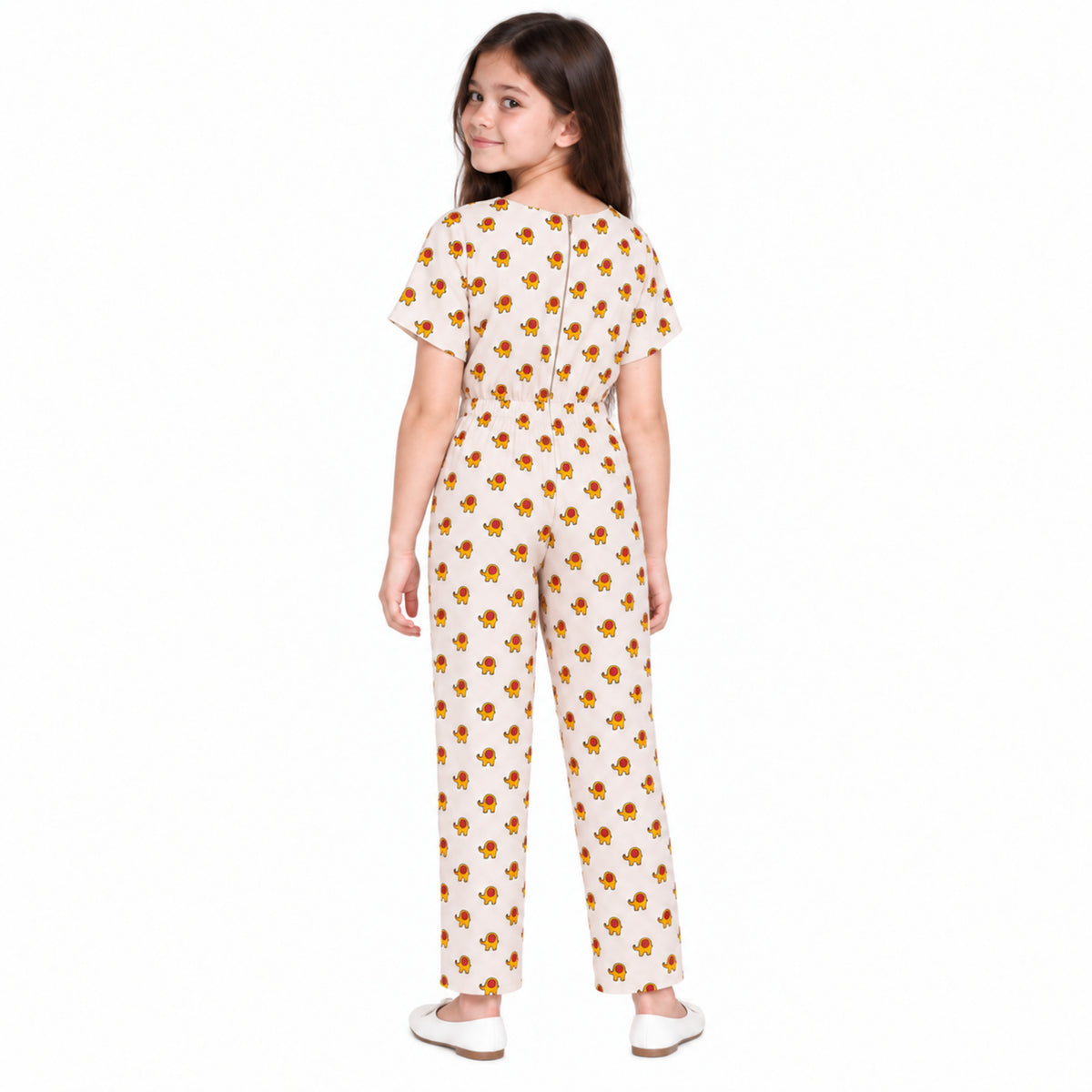 Urban Jipsy Girls Ivory Elephant Print Jumpsuit with Tie Waist & Short Sleeves