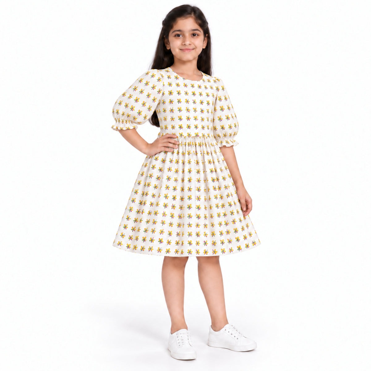 Urban Jipsy Girls White All-Over Printed Puff Sleeve Gathered Waist Casual Dress