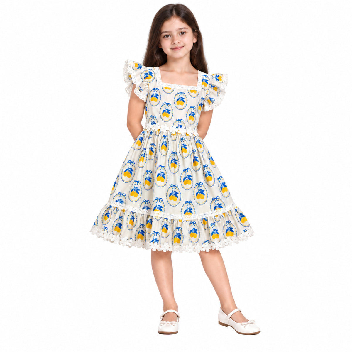 Urban Jipsy Girls White Lemon Print Fit & Flare Dress with Lace & Ruffle Sleeves