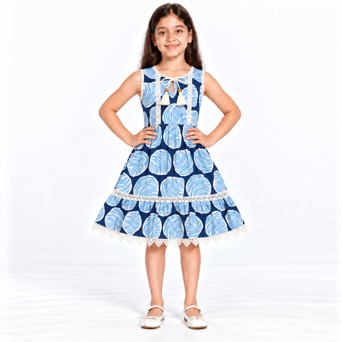 Urban Jipsy Girls Navy Blue Abstract Print Sleeveless Tiered Dress with Tassel Neck