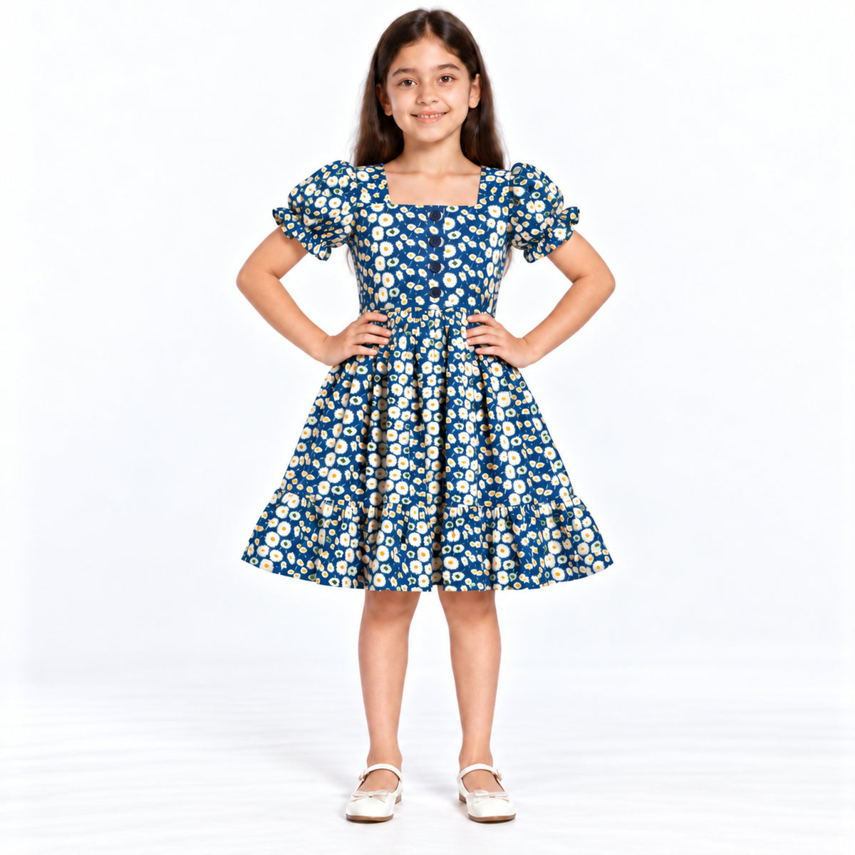 Urban Jipsy Girls Navy Blue Daisy Floral Puff Sleeve Dress with Square Neck & Buttons