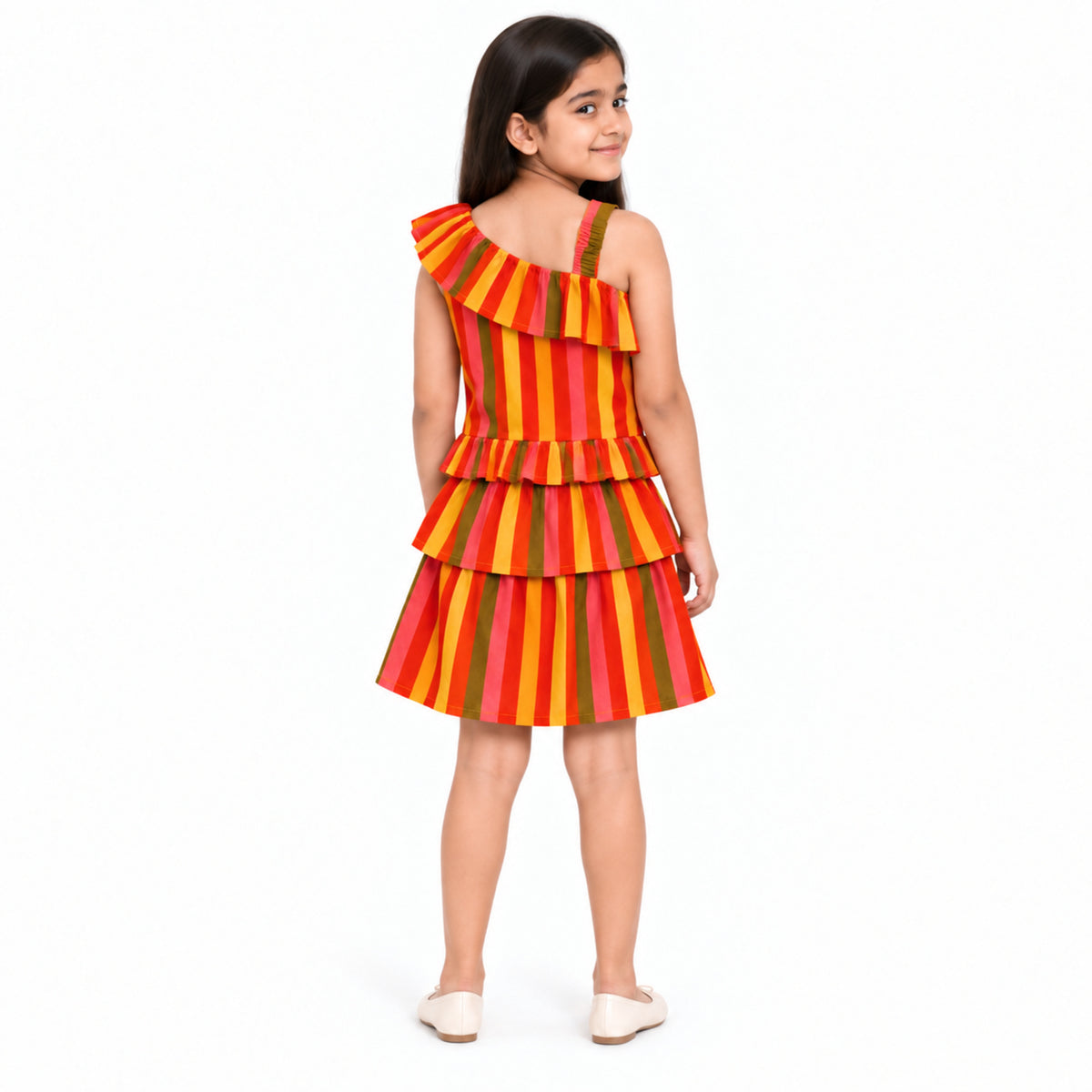 Urban Jipsy Girls Multicolor Striped One Shoulder Ruffle Tiered Party Dress