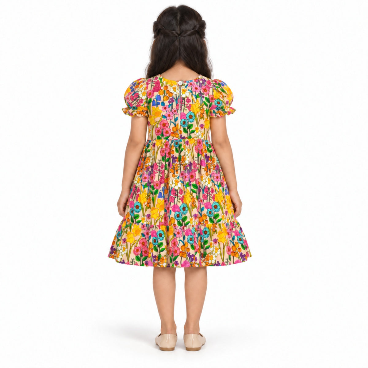 Urban Jipsy Girls Multicolor Floral Printed Puff Sleeve Fit & Flare Party Dress