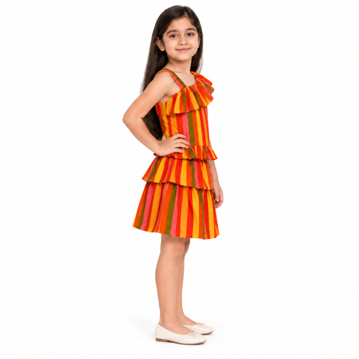 Urban Jipsy Girls Multicolor Striped One Shoulder Ruffle Tiered Party Dress