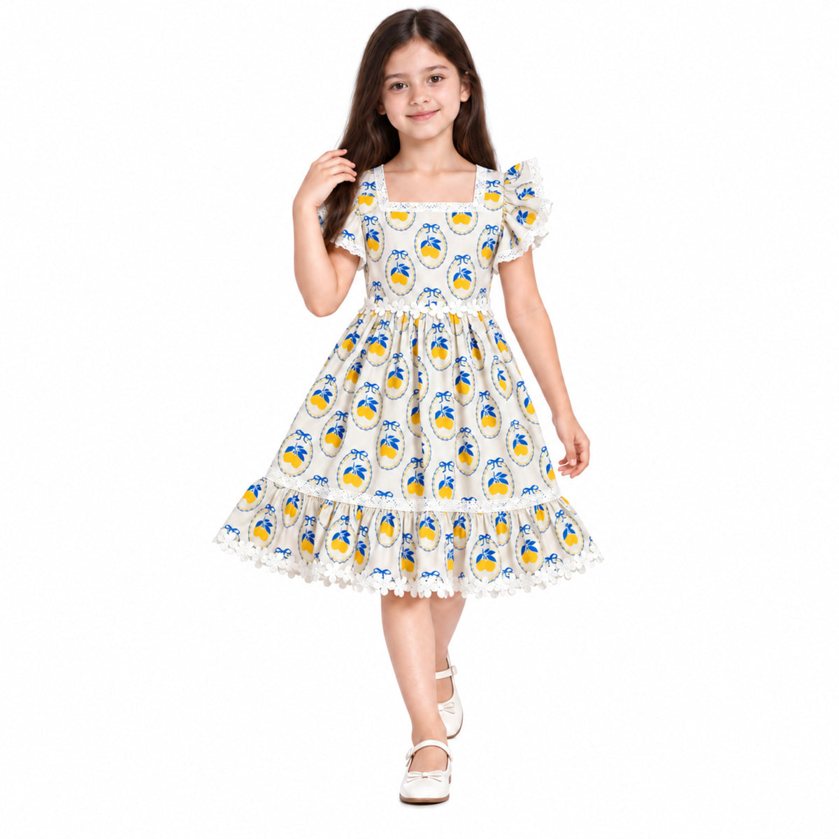 Urban Jipsy Girls White Lemon Print Fit & Flare Dress with Lace & Ruffle Sleeves