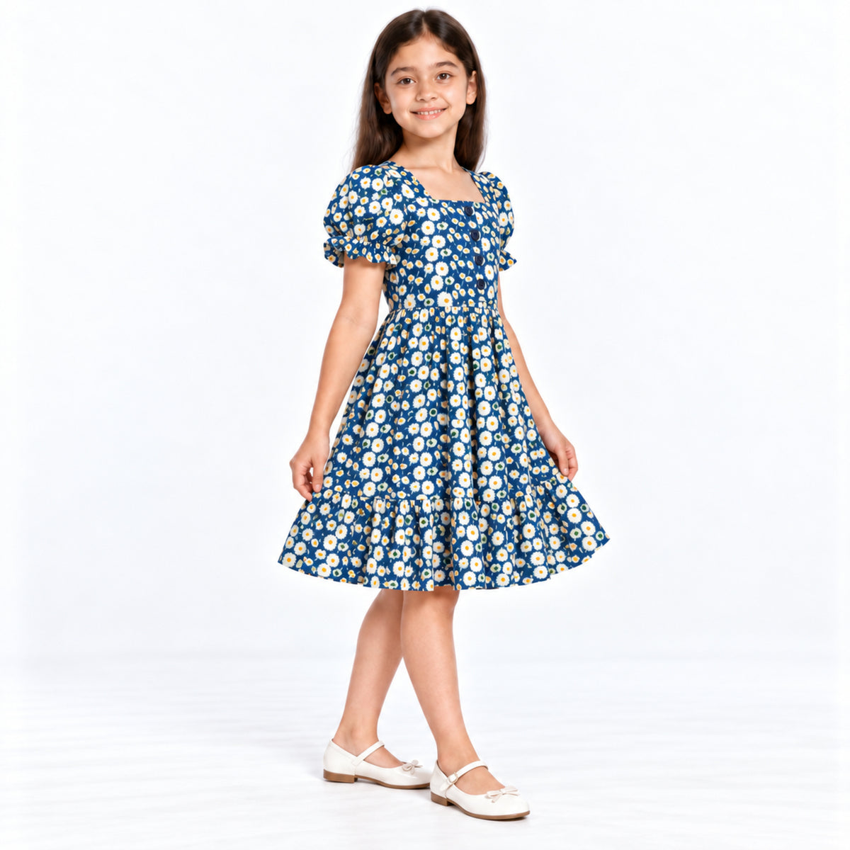 Urban Jipsy Girls Navy Blue Daisy Floral Puff Sleeve Dress with Square Neck & Buttons