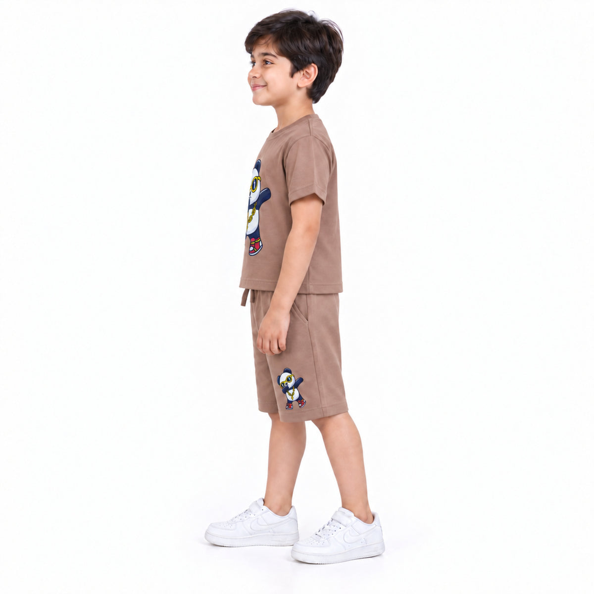 Urban Jipsy Boys Brown Panda Graphic T-Shirt with Matching Shorts Summer Set